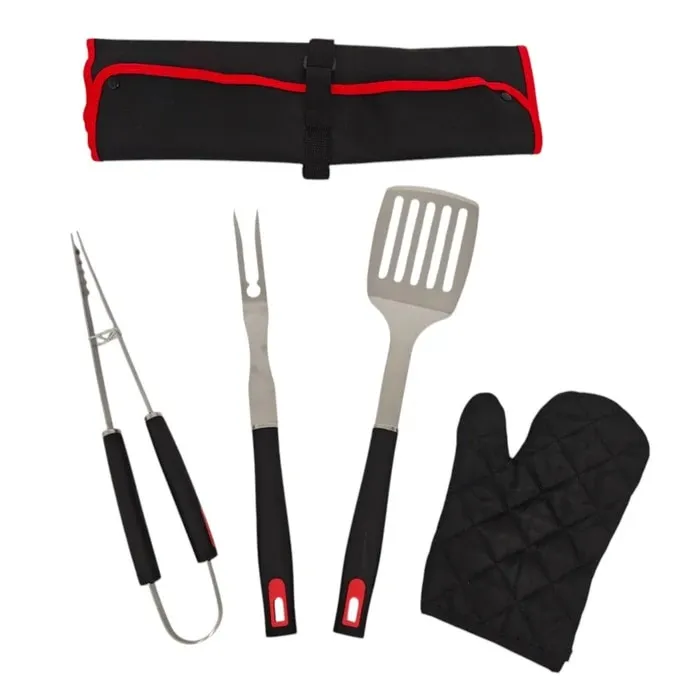 Accesorii pentru gratar + sort + manusa, KY3604, otel inoxidabil, maner plastic, 43 cm, set 5 buc