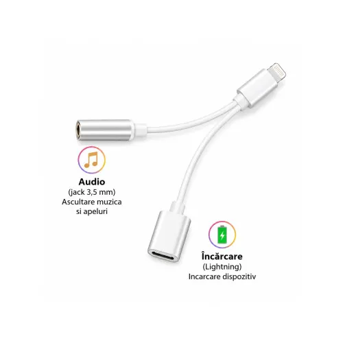 Adaptor 2 in 1 Lightning la Lightning si Jack 3.5 mm compatibil iPhone alb 15 cm — imaginea 2
