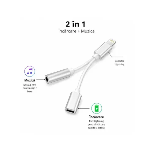Adaptor 2 in 1 Lightning la Lightning si Jack 3.5 mm compatibil iPhone alb 15 cm — imaginea 4