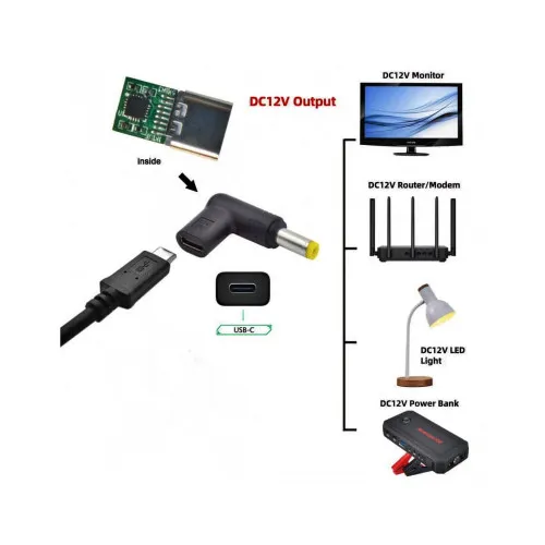 Adaptor alimentare 12V USB Type C mama la DC 5.5x2.1mm tata unghi 90° negru — imaginea 5