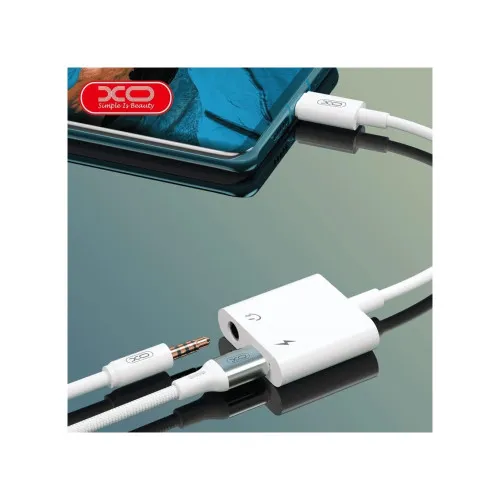 Adaptor audio 2 in 1 Lightning la Jack 3.5 mm si Lightning pentru incarcare 14.9 cm alb XO — imaginea 2