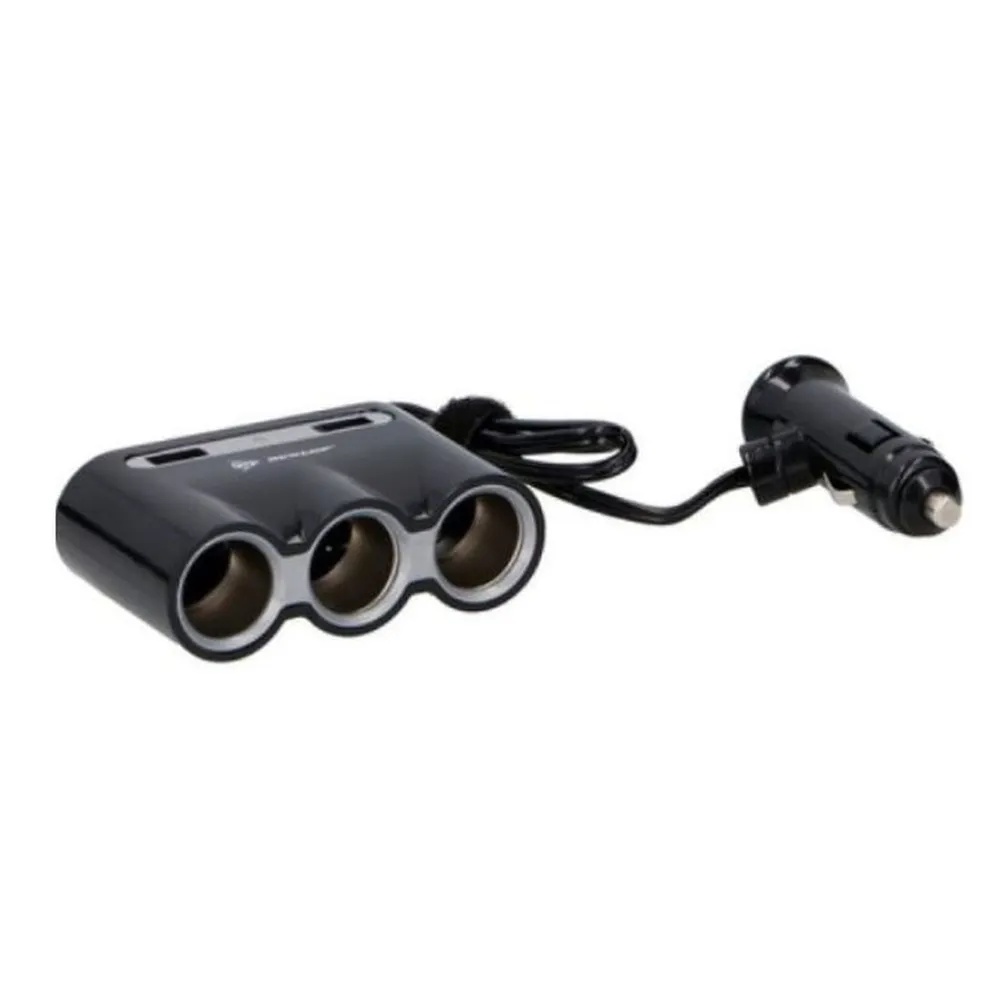 Adaptor priza auto, Dunlop, 3 porturi bricheta, 12 V / 24 V, 2 porturi USB, cablu 50 cm