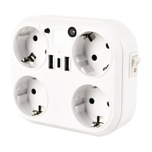 Adaptor priza Gelux 4 prize cu impamantare, 2x USB A, 1x USB C, alb, cu intrerupator