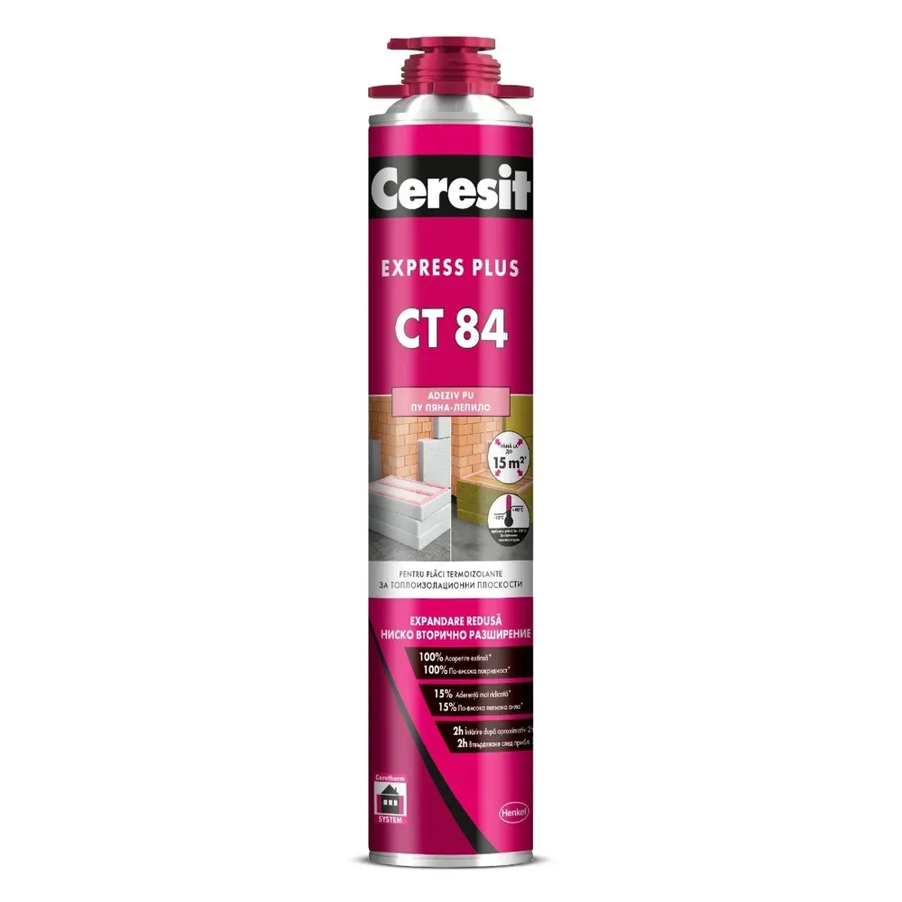 Adeziv poliuretanic Ceresit CT 84 Express Plus, aplicare cu pistol, exterior, 850 ml