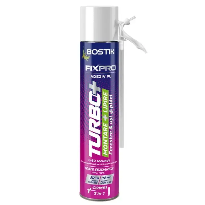 Adeziv poliuretanic pentru ferestre si usi, Bostik Fixpro Turbo+, cu aplicare manuala / pistol, 750 ml