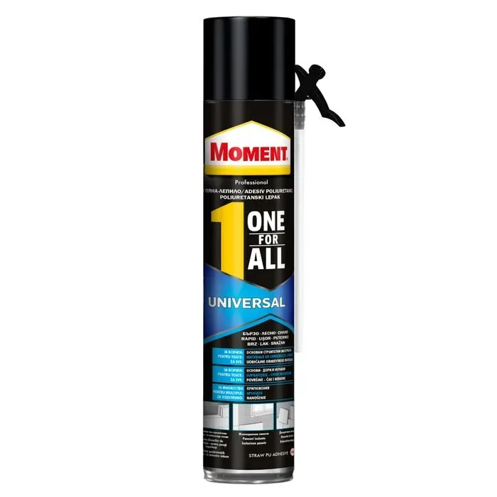 Adeziv poliuretanic pentru suprafete multiple, Moment One for All Universal, aplicare cu pai, interior / exterior, galben, 750 ml