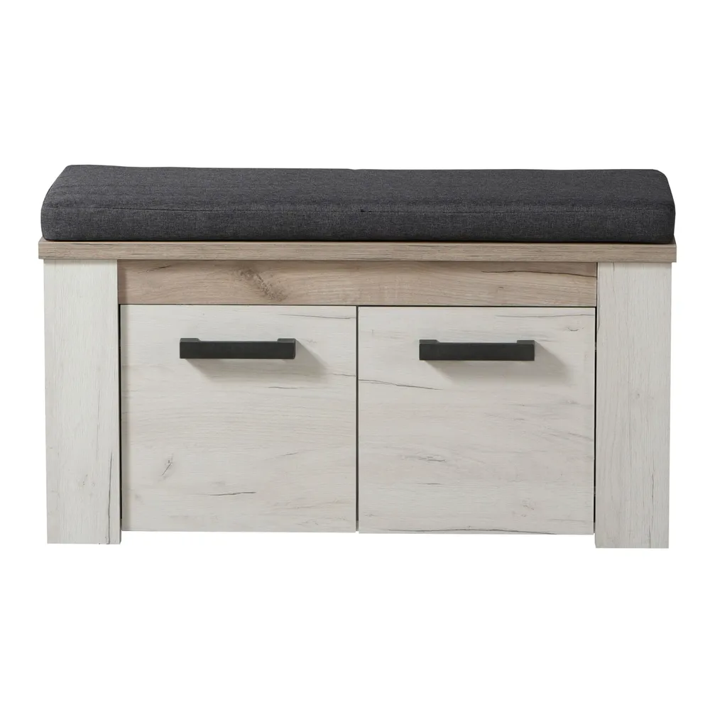 Bancheta hol Ramdeco, cu 2 usi, stejar alb si stejar gri, 91 x 36.5 x 50 cm, 2C