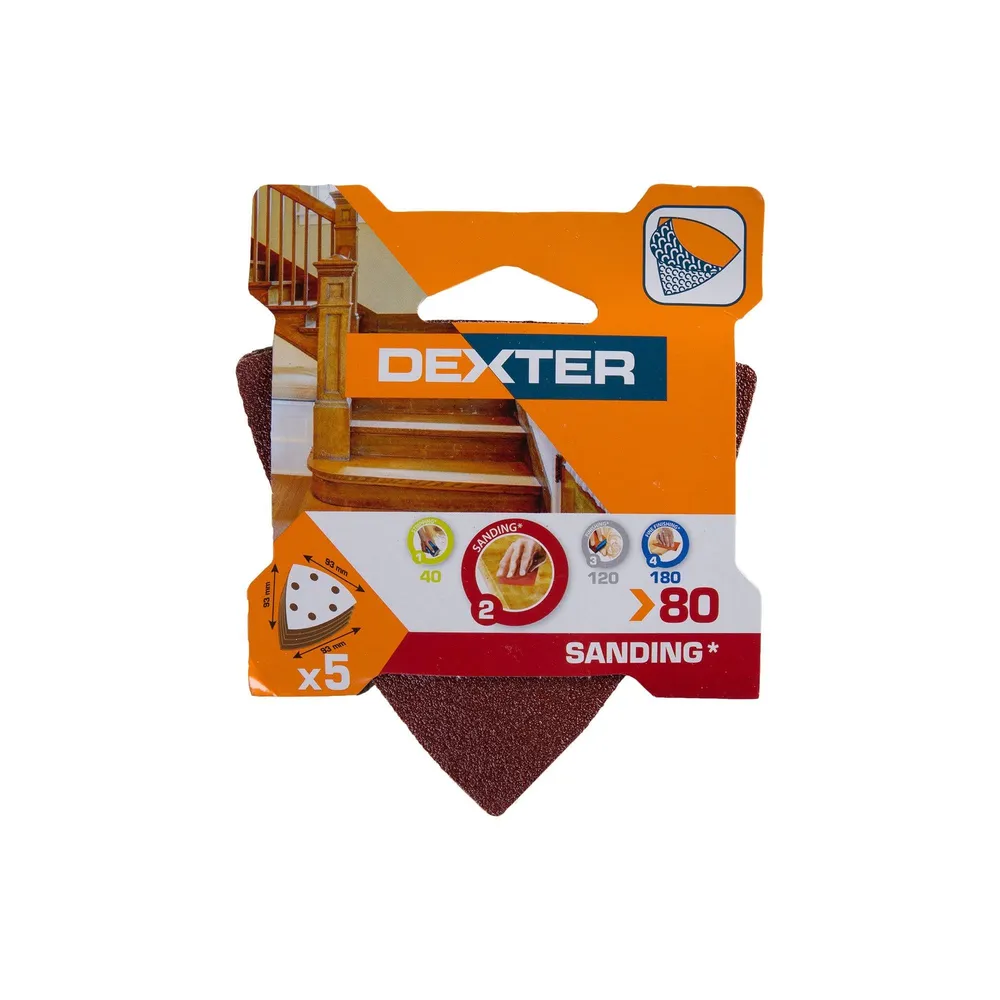 Banda abraziva Dexter, pentru slefuitor triunghiular, 93 x 93 mm, granulatie 80 (set 5 buc)