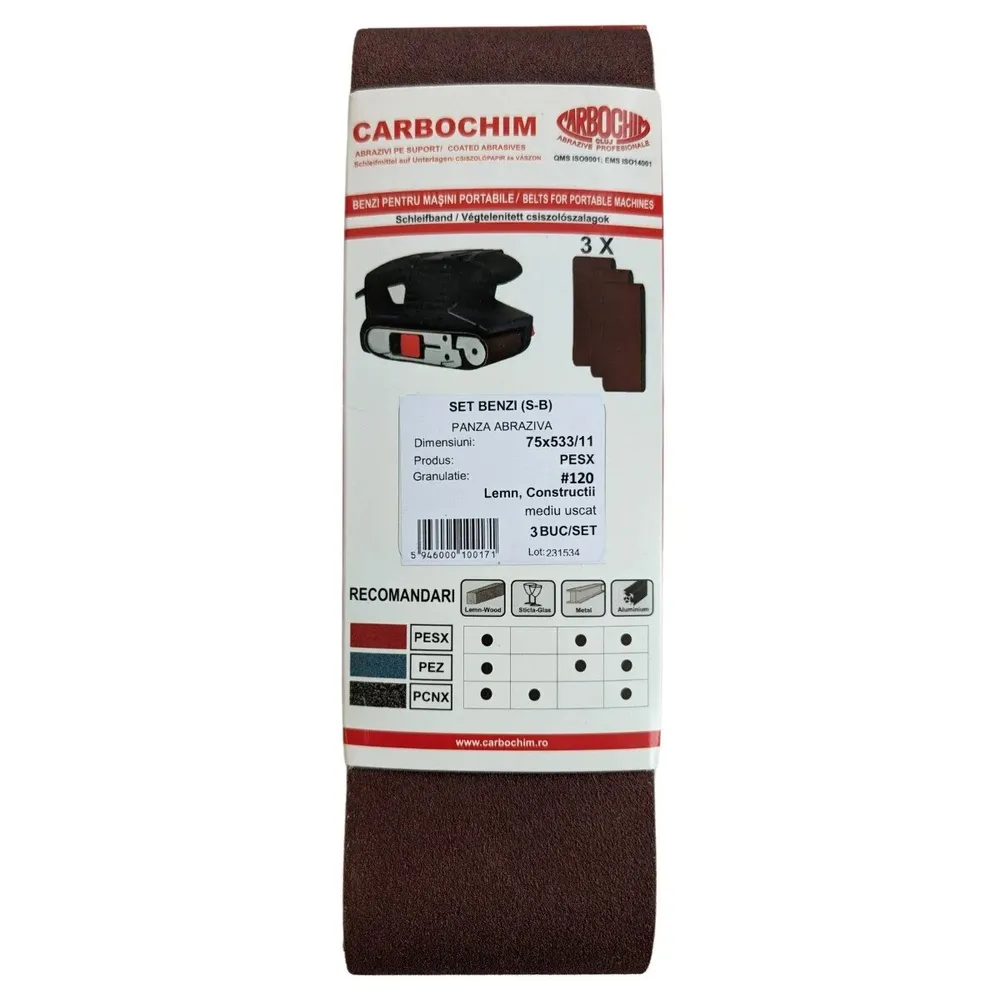 Banda abraziva fara sfarsit, Carboas PESX, 75x533mm, granulatie 120, set 3 bucati
