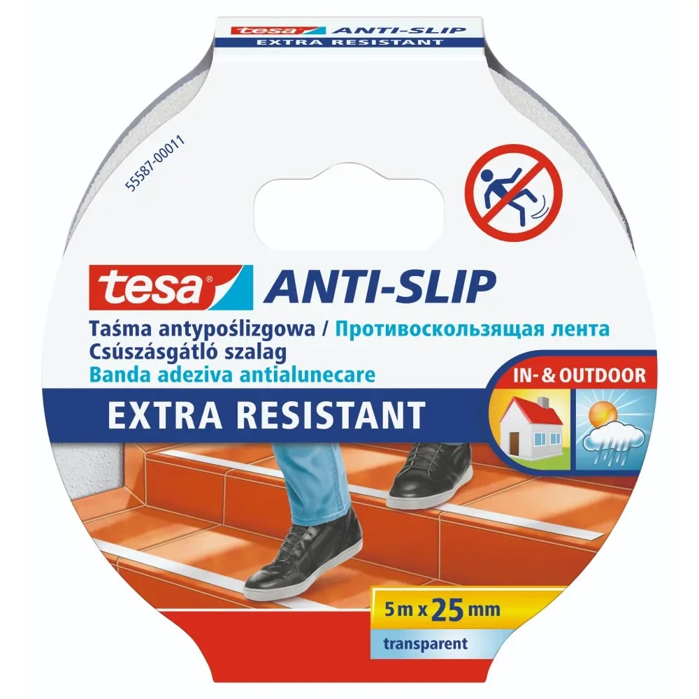 Banda adeziva antiderapanta Tesa, transparent, 25mm x 5m, rezistenta la apa, durabila