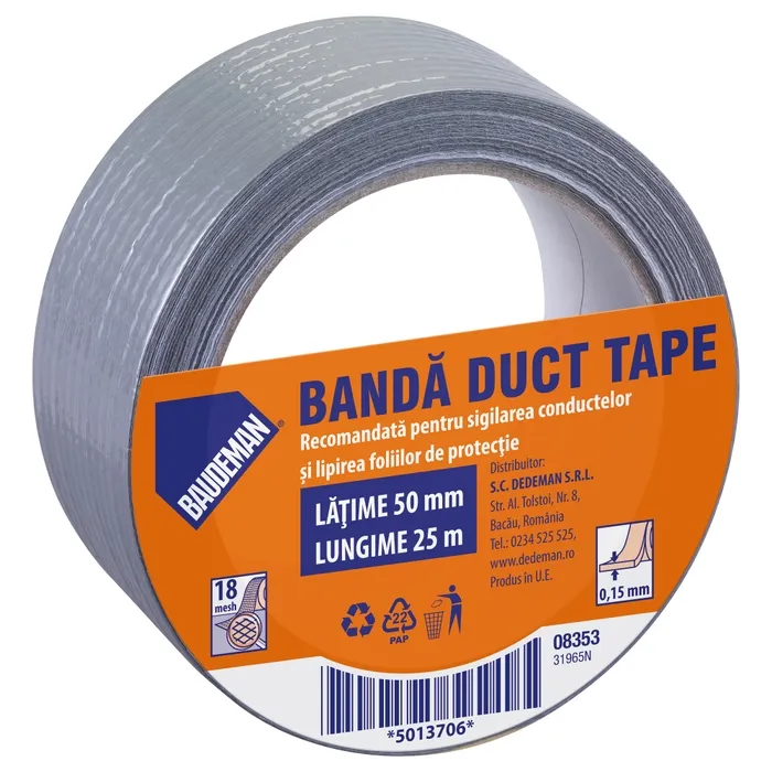 Banda adeziva pentru reparatii, Baudeman 8353, textil, 50 mm x 25 m