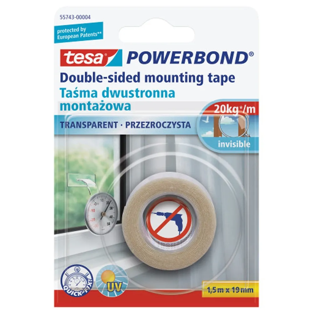 Banda dublu adeziva Tesa, 19 mm x 1.5 m, transparent