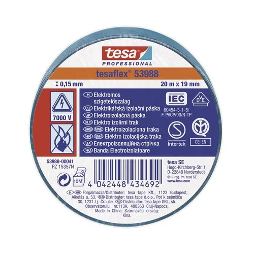 Banda electroizolatoare Tesa, 19mm x 20m, albastra, ignifuga, PVC