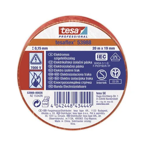 Banda electroizolatoare Tesa, 19mm x 20m, ignifuga, PVC, rosie