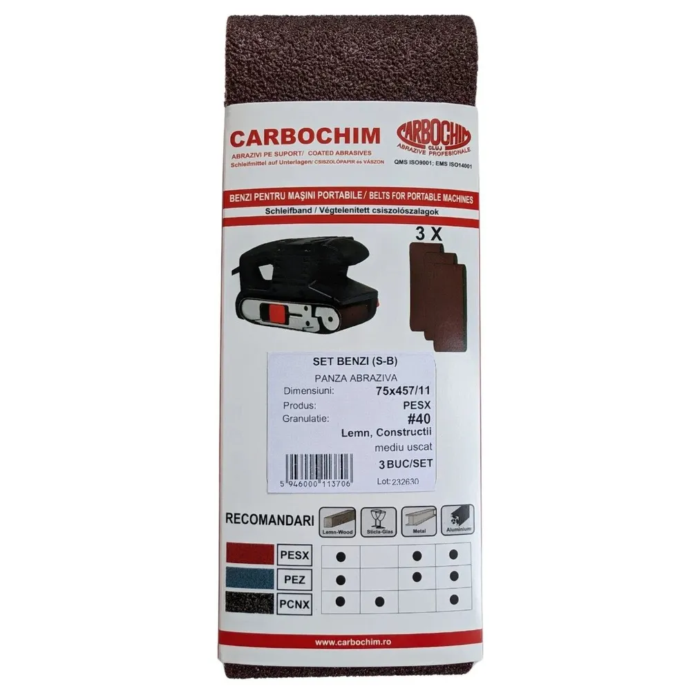 Banda fara sfarsit, pentru lemn / metale, Carboas PESX, 75 x 457 x 11 mm, granulatie 40, set 3 bucati