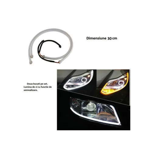 Banda LED DRL flexibila 30 cm pozitie alba semnalizare galbena set 2 bucati