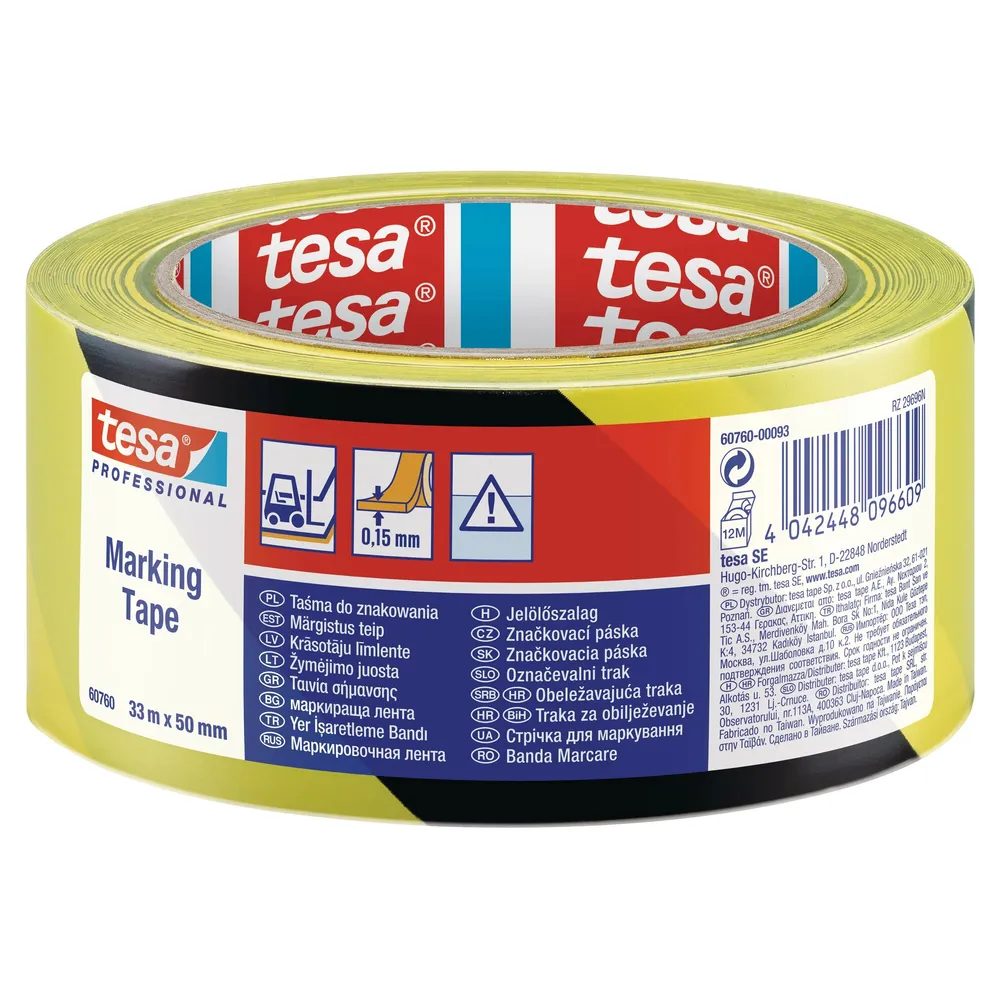 Banda marcare tesa 60760, galben + negru, interior / exterior, 33 m x 50 mm