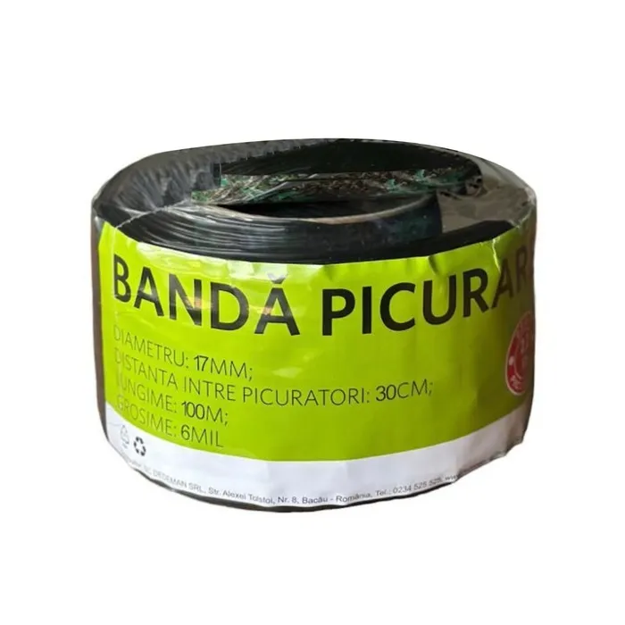 Banda pentru irigatii prin picurare Grunman, 6 mil, D 17 mm, distanta orificii 30 cm, rola 100 m