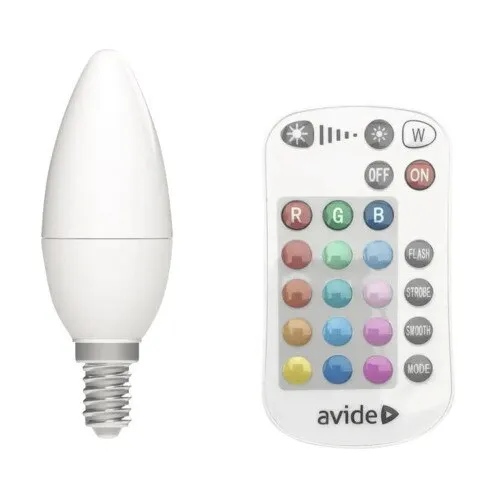 Bec LED RGBW Avide E14 4, 9W 470 lumeni, glob mat lumanare, cu telecomanda