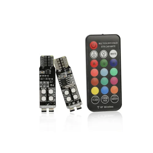 Becuri LED RGB T10 10 SMD 2835 12 culori telecomanda RF 12V set 2 bucati