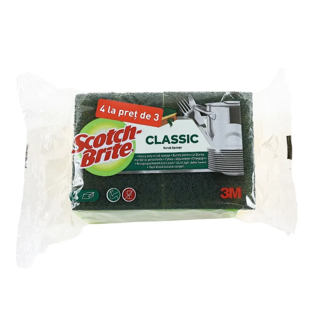 Burete pentru bucatarie Scotch-Brite, cu canelura, protectie unghii, verde + galben, 4 buc / set