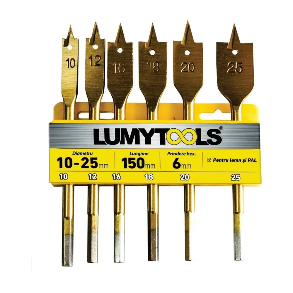 Burghie pentru lemn, plate, Lumytools LT22630, 10 - 12 - 16 - 18 - 20 - 25 mm, set 6 bucati