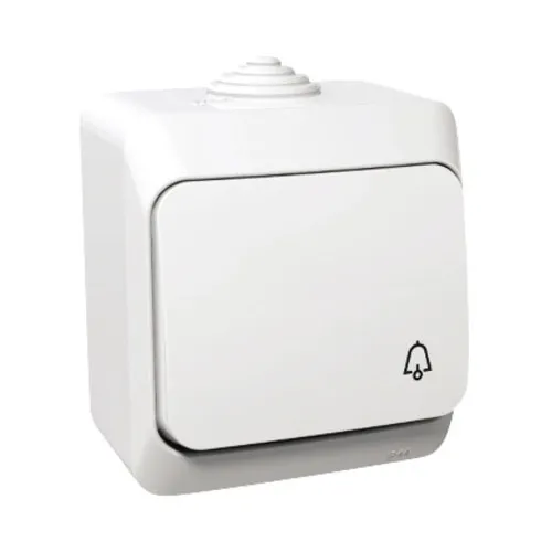 Buton cu revenire Schneider Cedar Plus IP44, montaj aplicat, simbol sonerie, alb