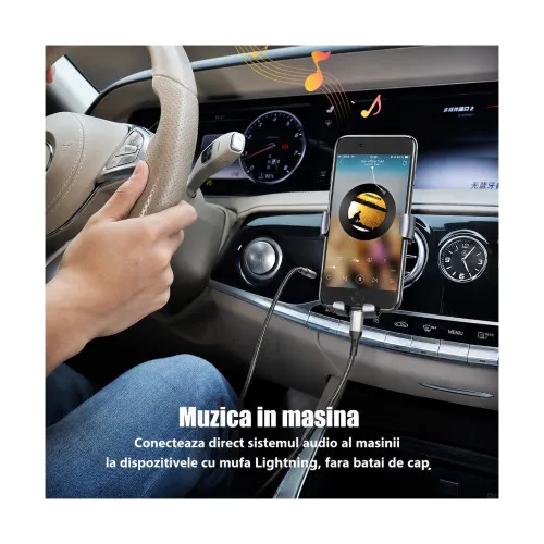 Cablu adaptor audio Lightning la Jack 3.5 mm tata pentru iPhone 1 m impletit cu silicon — imaginea 2