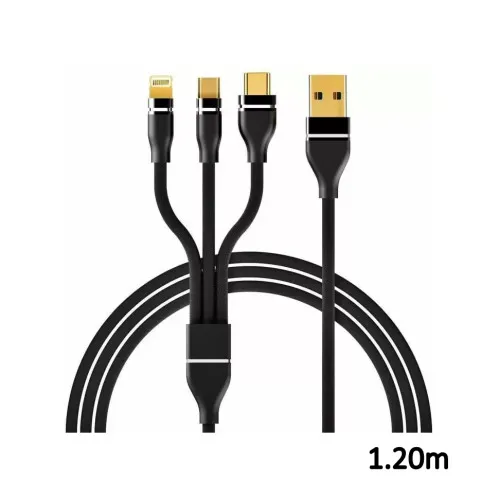 Cablu incarcare 3 in 1 impletit USB-A la Type C Micro USB si Lightning 3.4A Quick Charge negru 1.20 m