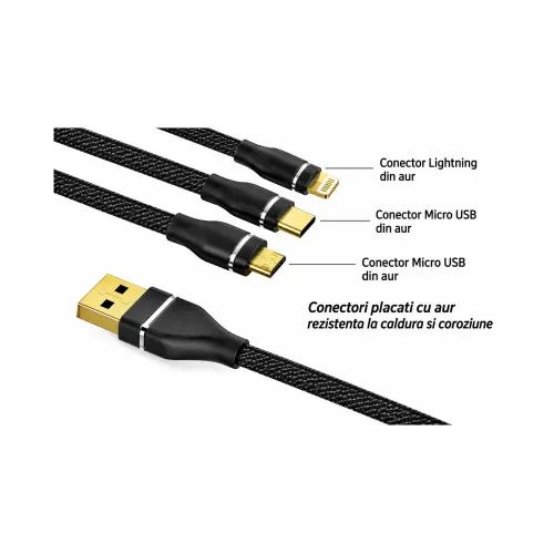 Cablu incarcare 3 in 1 impletit USB-A la Type C Micro USB si Lightning 3.4A Quick Charge negru 1.20 m — imaginea 3