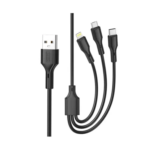 Cablu incarcare si transfer date XO 3 in 1 2.4A USB-A la Micro USB Type C si Lightning compatibil iPhone negru 1 m