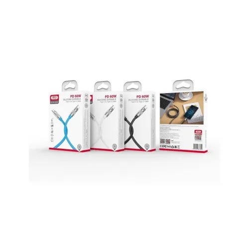 Cablu incarcare si transfer date XO 60W Quick Charge Type C la Type C din silicon negru 1.2 m — imaginea 2
