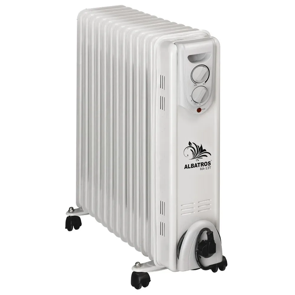 Calorifer electric cu ulei Albatros RA-13T, 3 viteze, 3000 W, 55.5 x 14.5 x 57 cm, 13 elementi, termostat reglabil, rotile pentru deplasare, loc infasurare cablu, alb