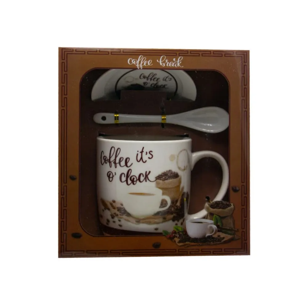 Cana + farfurie + lingurita, cu mesaj coffee clock, ceramica, alb + maro, 300 ml