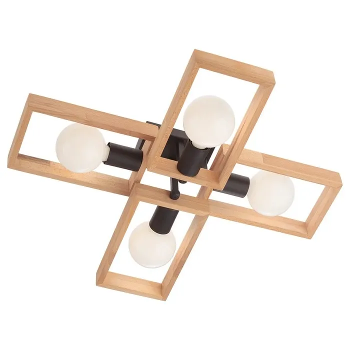 Candelabru, 4 x E27, negru mat + lemn de fag natur, modern