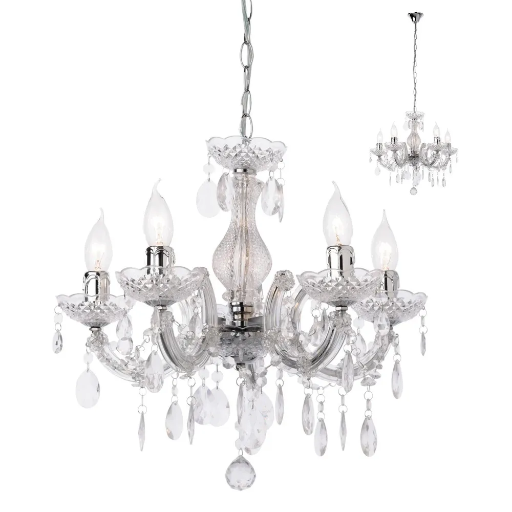Candelabru Bolero 5 x E14, metal cromat, decoratiuni acril, 440x440mm, inaltime ajustabila 40-120cm