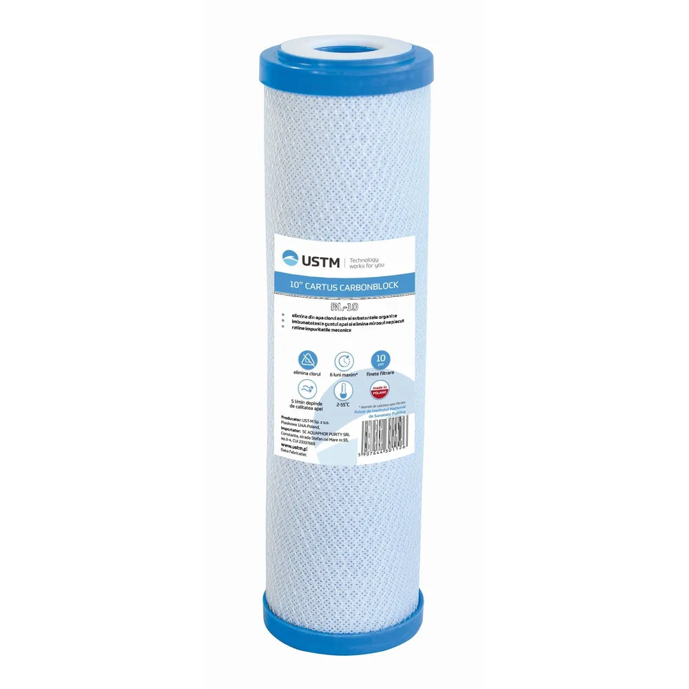 Cartus filtru apa 10", fitrare clor si metale, carbune activ presat, 10 μ, 8 m³
