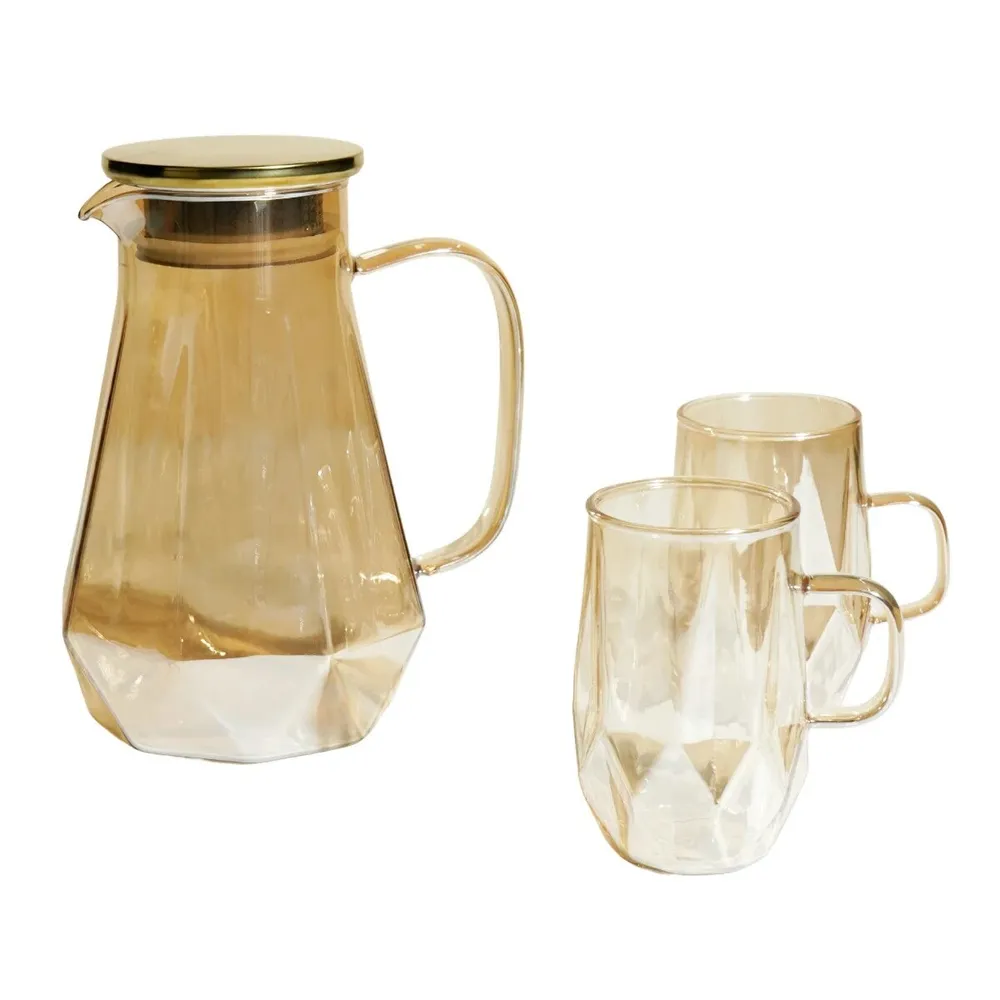 Ceainic + cani, sticla, 3JS-3, ambra, 1.5 l, set 3 piese