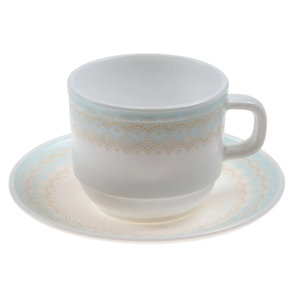 Ceasca si farfurioara cafea 19061E, sticla termica, alb + albastru + auriu, 250 ml