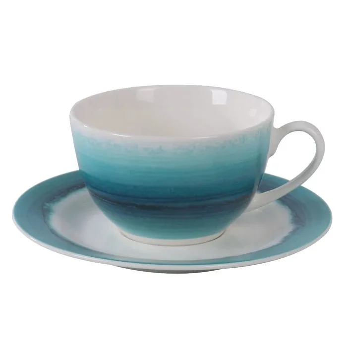 Ceasca si farfurioara SHZ10001, set 12 piese, portelan, verde + alb, 220 ml