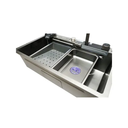 Chiuveta bucatarie multifunctionala cu doua baterii, otel inoxidabil, afisaj digital temperatura, doua cascade, spalator pahare, scurgator, tava, tocator si accesorii scurgere incluse, 75x46x23.5cm — imaginea 4