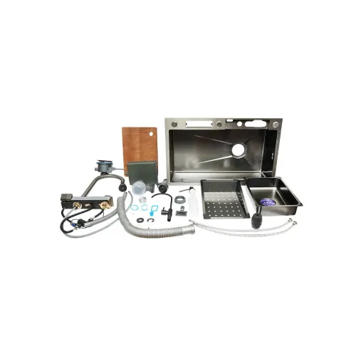 Chiuveta bucatarie multifunctionala cu doua baterii, otel inoxidabil, afisaj digital temperatura, doua cascade, spalator pahare, scurgator, tava, tocator si accesorii scurgere incluse, 75x46x23.5cm — imaginea 8