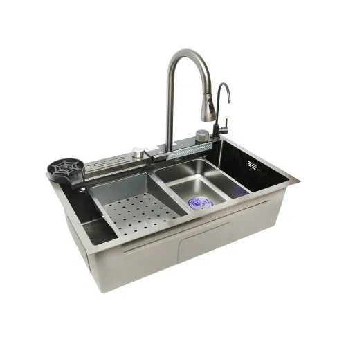 Chiuveta bucatarie multifunctionala cu doua baterii, otel inoxidabil, afisaj digital temperatura, doua cascade, spalator pahare, scurgator, tava, tocator si accesorii scurgere incluse, 75x46x23.5cm — imaginea 3
