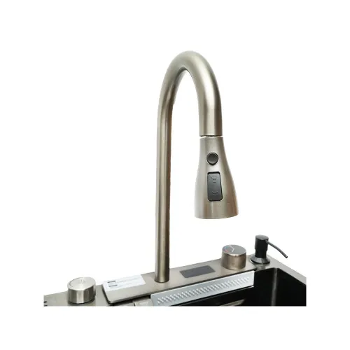 Chiuveta bucatarie multifunctionala cu doua baterii, otel inoxidabil, afisaj digital temperatura, functie cascada, dozator sapun, scurgator, tava, tocator si accesorii scurgere incluse, 75x46x23.5cm — imaginea 6