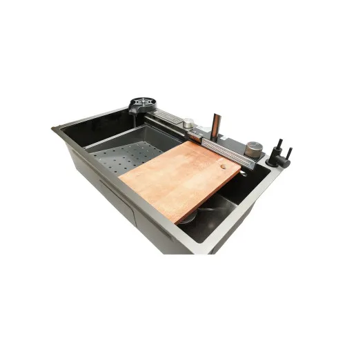 Chiuveta bucatarie multifunctionala cu doua baterii, otel inoxidabil, afisaj digital temperatura, doua cascade, spalator pahare, scurgator, tava, tocator si accesorii scurgere incluse, 75x46x23.5cm — imaginea 5