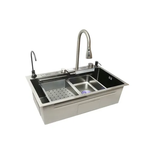 Chiuveta bucatarie multifunctionala cu doua baterii, otel inoxidabil, afisaj digital temperatura, functie cascada, dozator sapun, scurgator, tava, tocator si accesorii scurgere incluse, 75x46x23.5cm