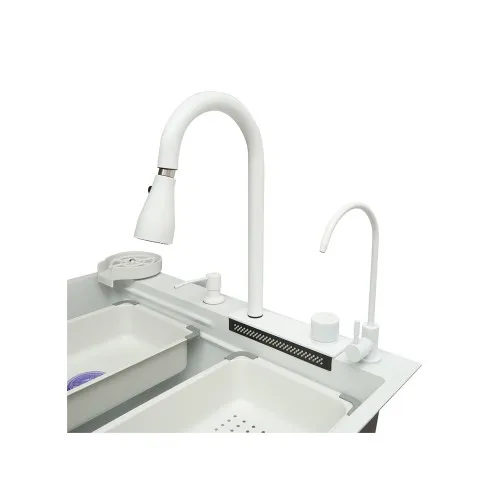 Chiuveta bucatarie otel inoxidabil cu doua baterii, functie cascada, spalator pahare, dozator sapun, scurgator, tava, tocator si accesorii scurgere incluse, 75x46x23.5cm — imaginea 5