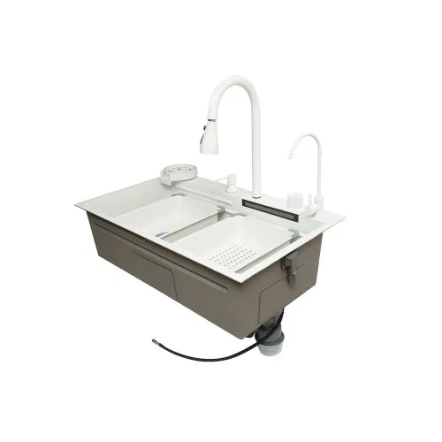 Chiuveta bucatarie otel inoxidabil cu doua baterii, functie cascada, spalator pahare, dozator sapun, scurgator, tava, tocator si accesorii scurgere incluse, 75x46x23.5cm — imaginea 3