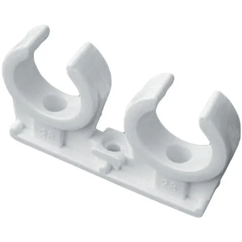 Clema dubla fixare tevi, 28 mm, plastic, alb