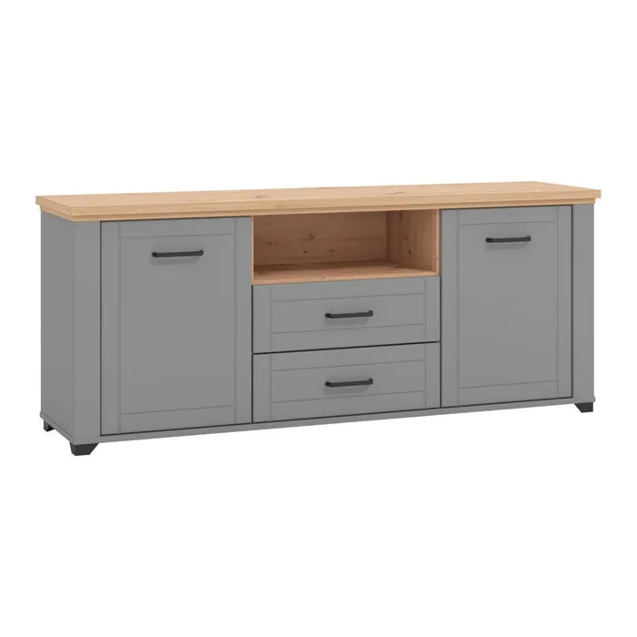 Comoda TV Valencia 160 3K2F, cu sertare, stejar artisan + gri grafit + folie mata gri, 161 x 41 x 66.5 cm, 2C